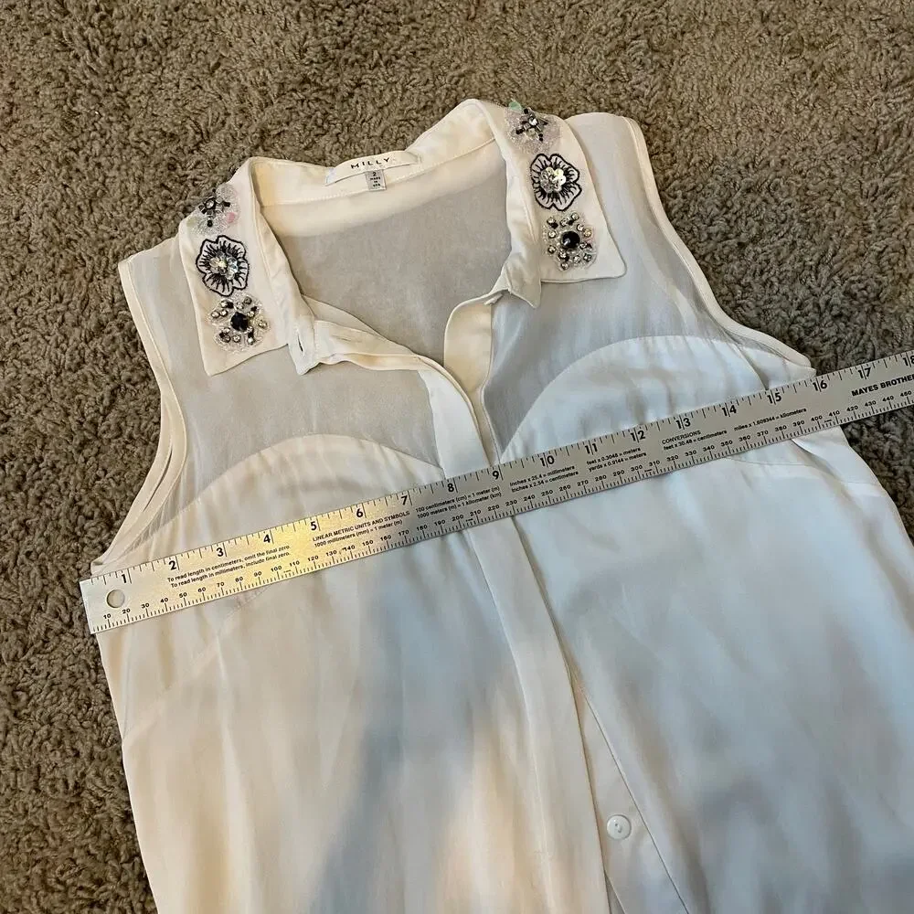 Milly Jane Silk Crepe Sleeveless Blouse cream embellished collar sz 2 - Picture 12 of 15
